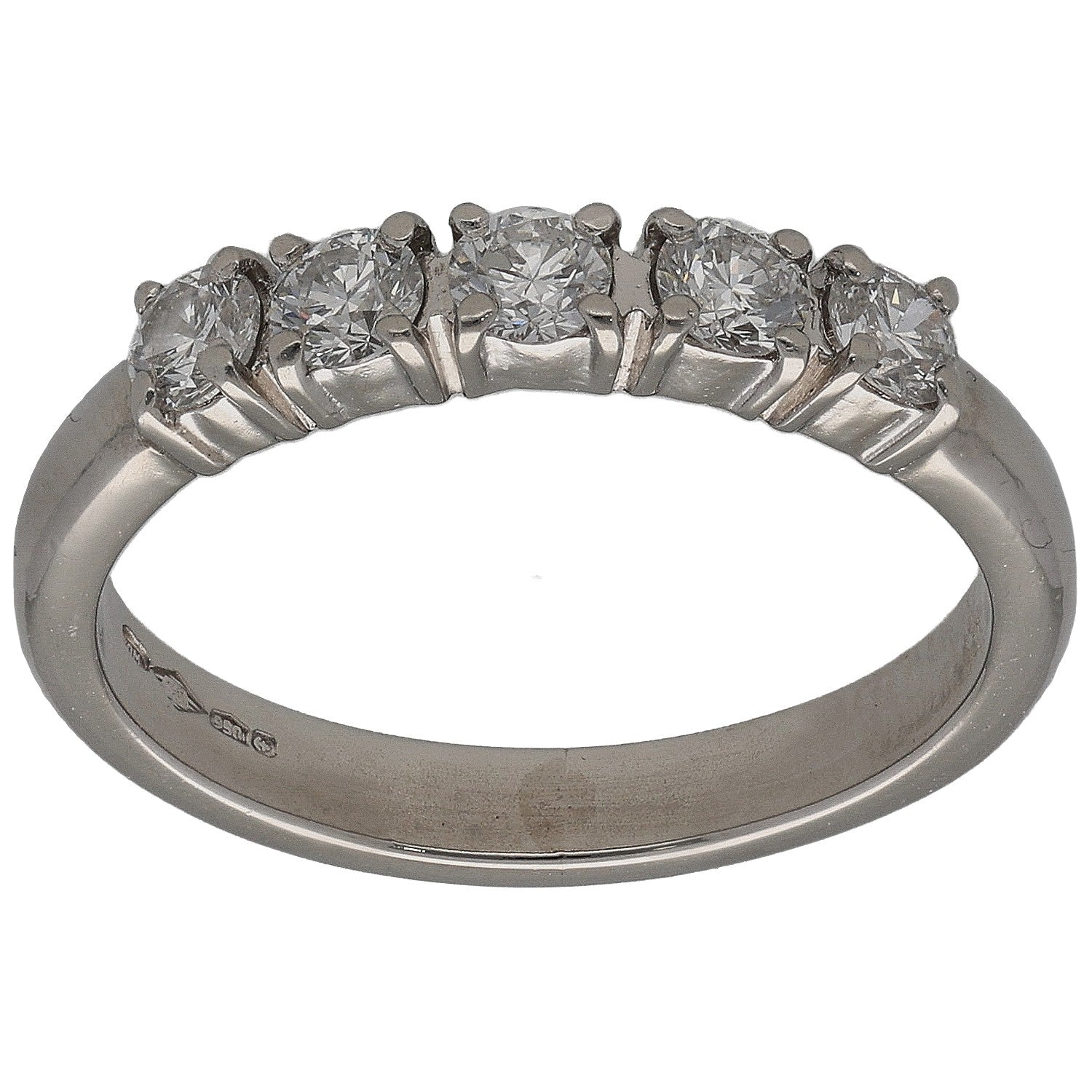 Platinum half-eternity ring with round white diamonds in a curved row, front view