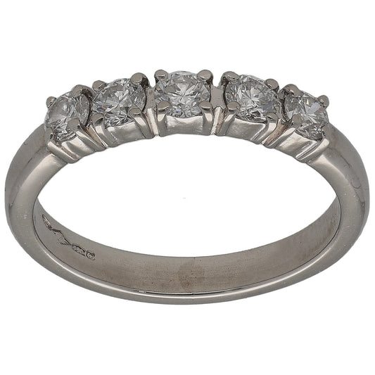 Platinum half-eternity ring with round white diamonds in a curved row, front view