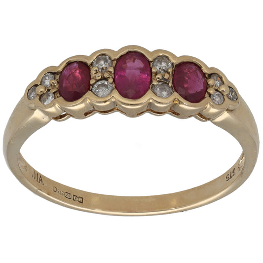 9ct Gold Ruby & 0.14ct Round Diamond Dress/Cocktail Ring Size U