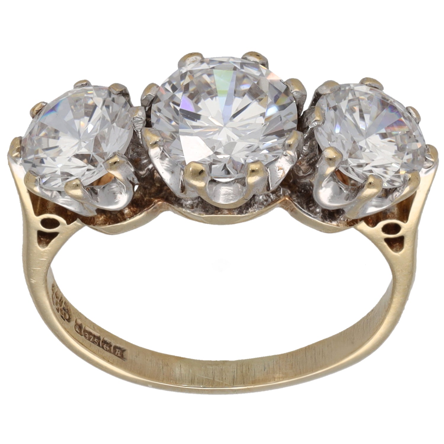 9ct gold three-stone CZ ring with three round clear stones on a slim yellow band