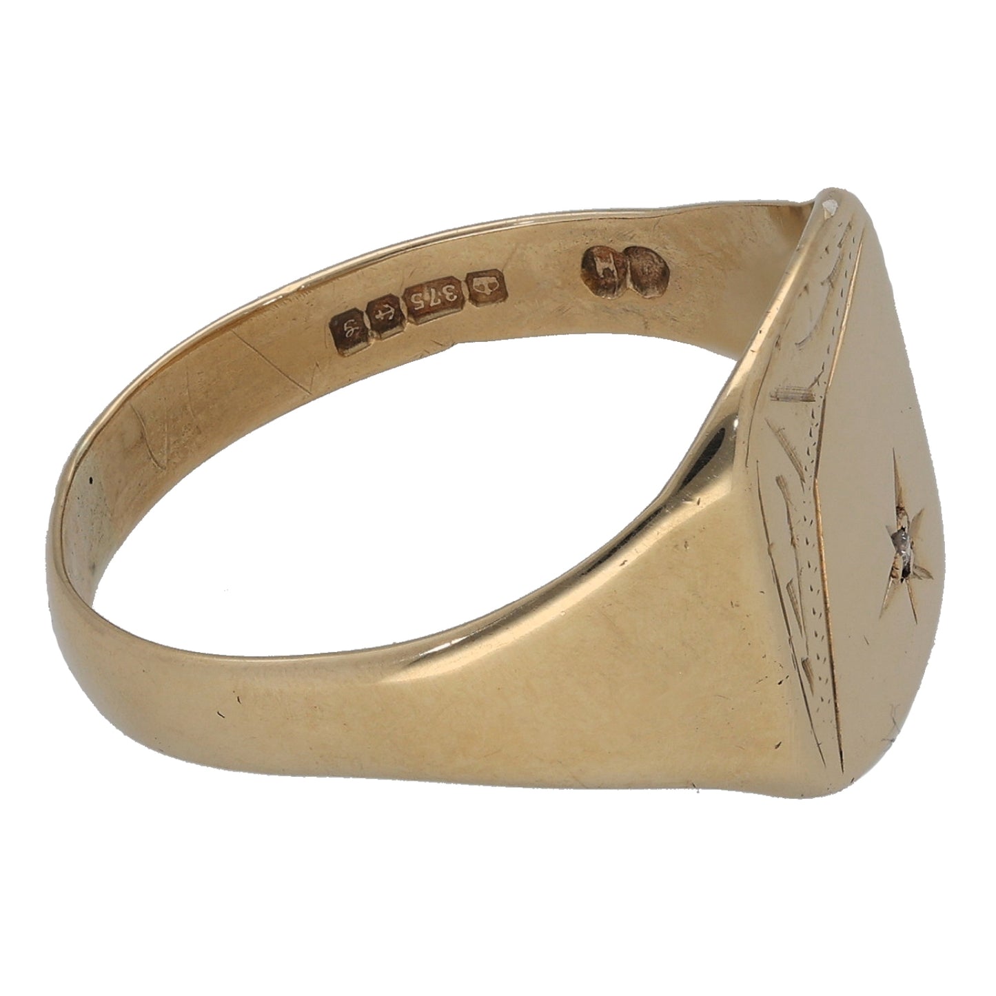 9ct Gold 0.01ct Diamond Patterned Single Stone Signet Ring Size U