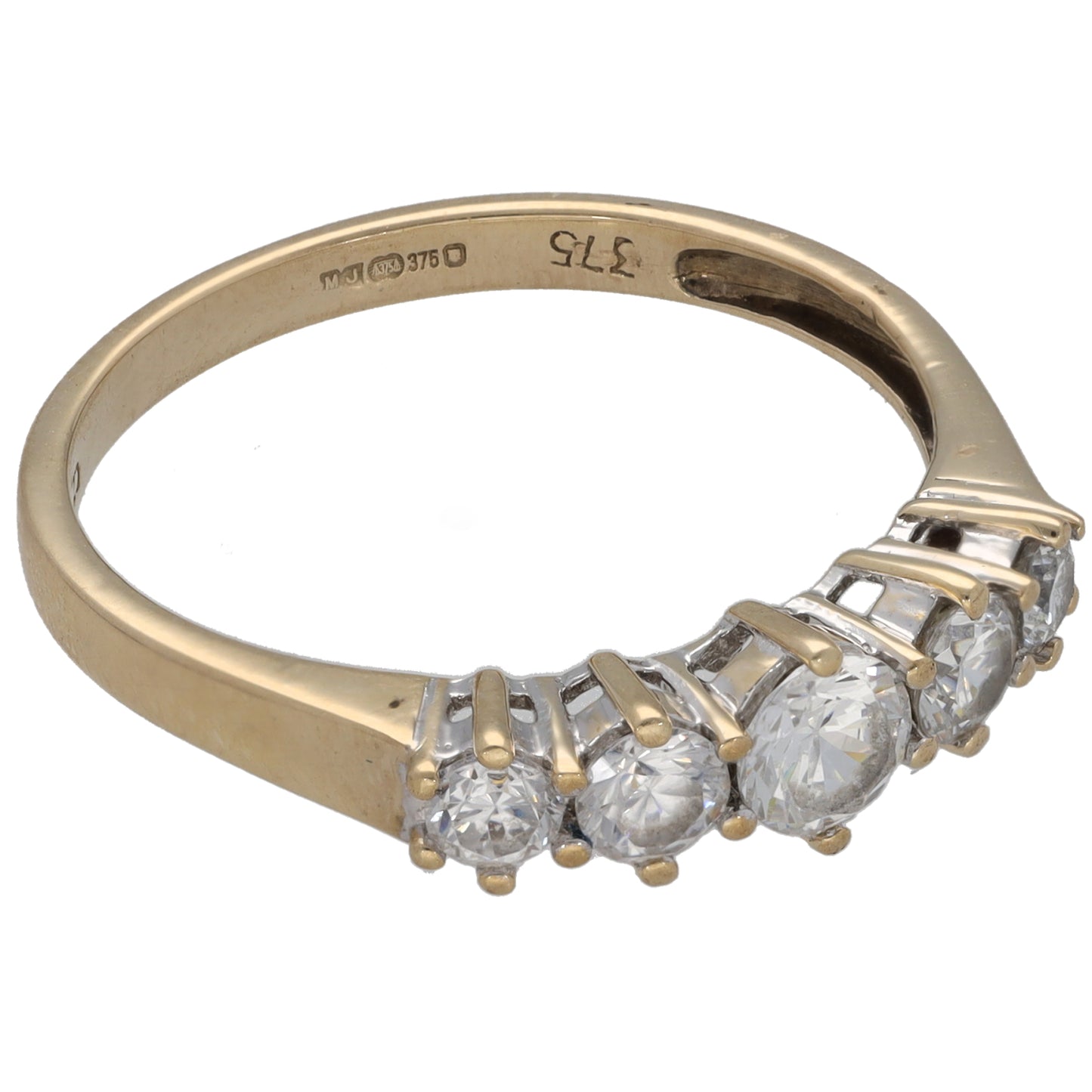 Gold half-eternity CZ ring side view with round clear stones in bezel settings