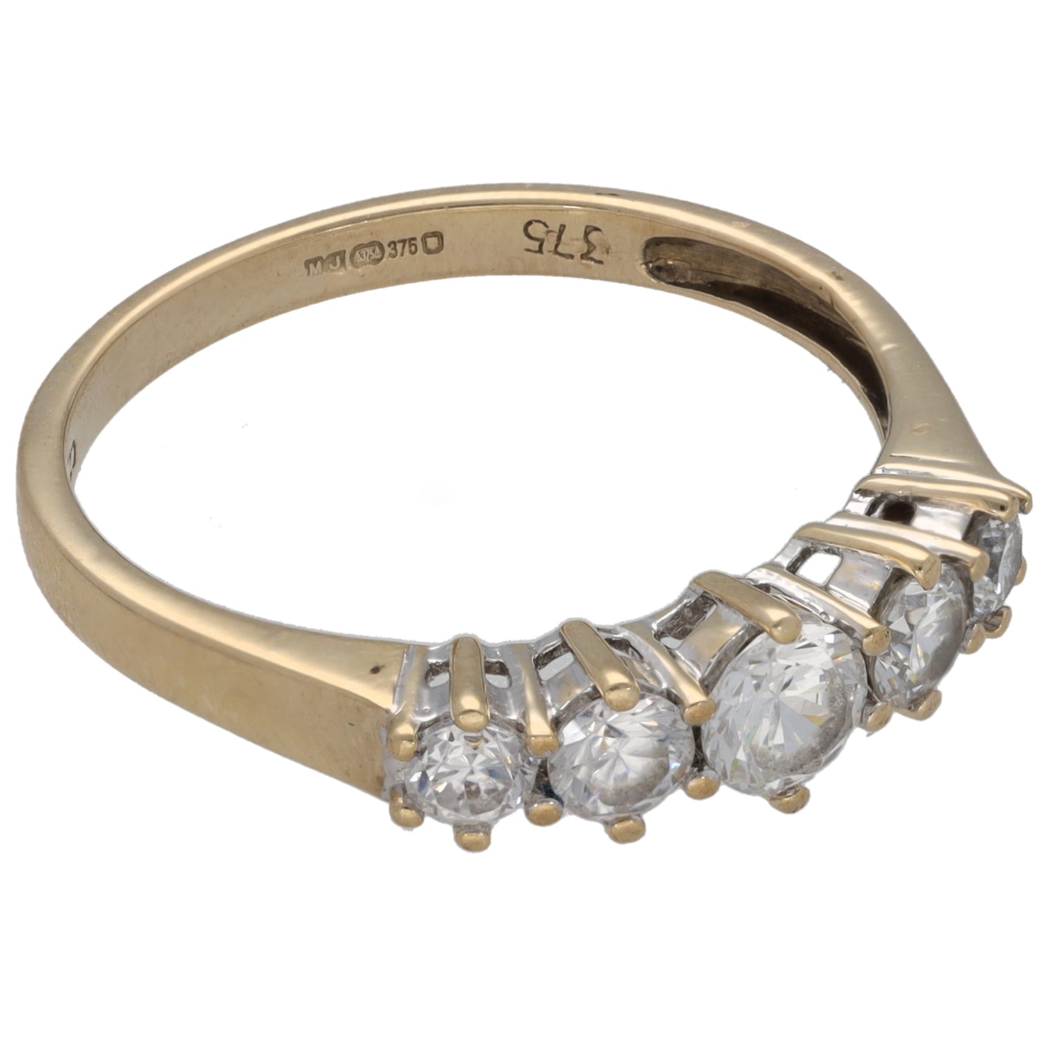 Gold half-eternity CZ ring side view with round clear stones in bezel settings