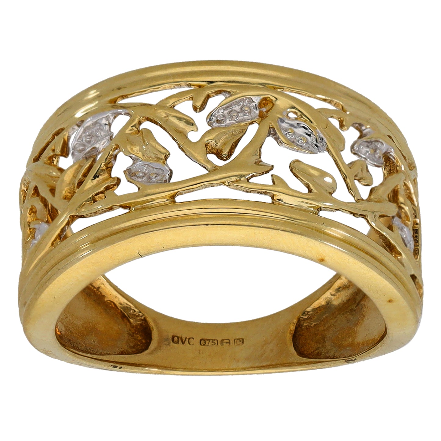 Bicolour gold-tone ring, wide band with openwork pattern and crystal-like details