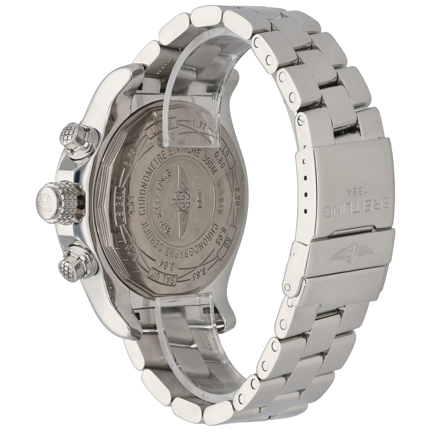 Stainless steel Breitling Super Avenger a13370 watch case back with engraved markings and strap