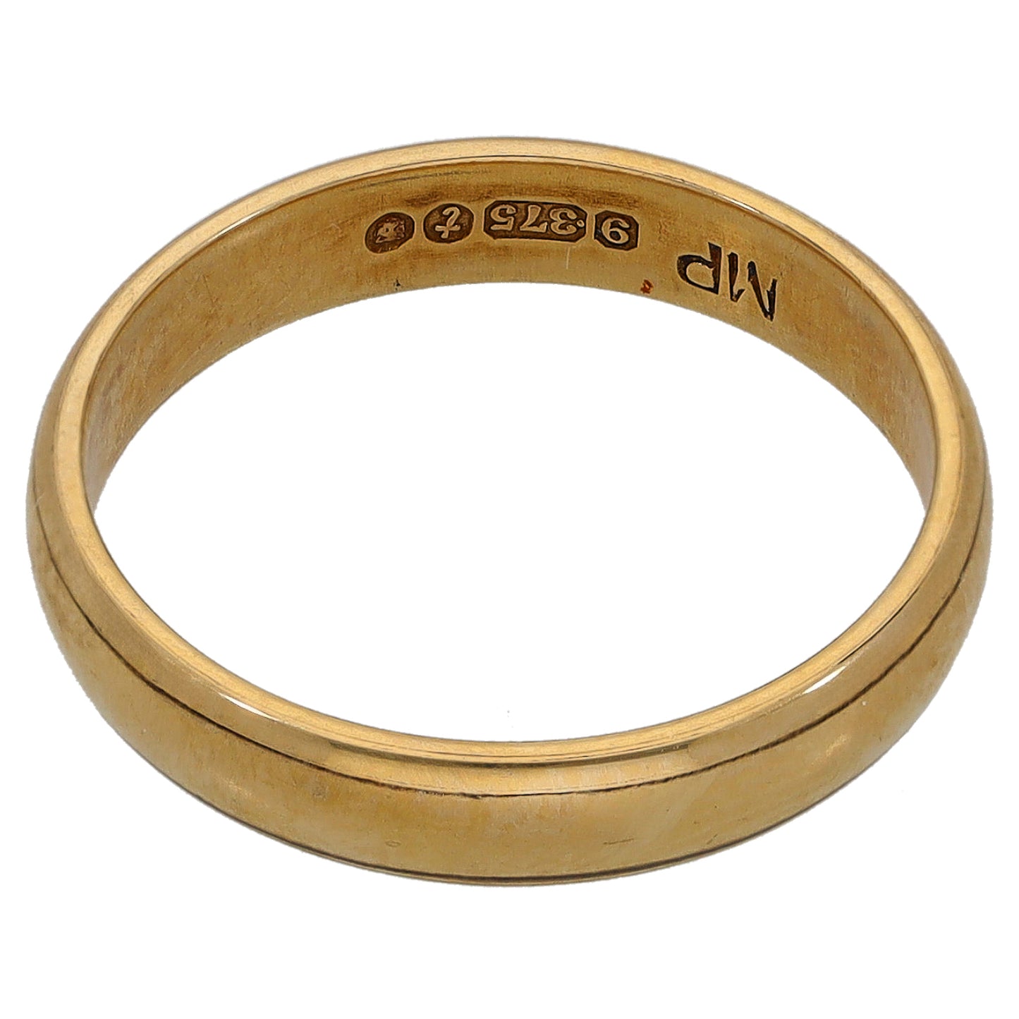 9ct gold plain wedding ring, Size M, with inner hallmarks visible