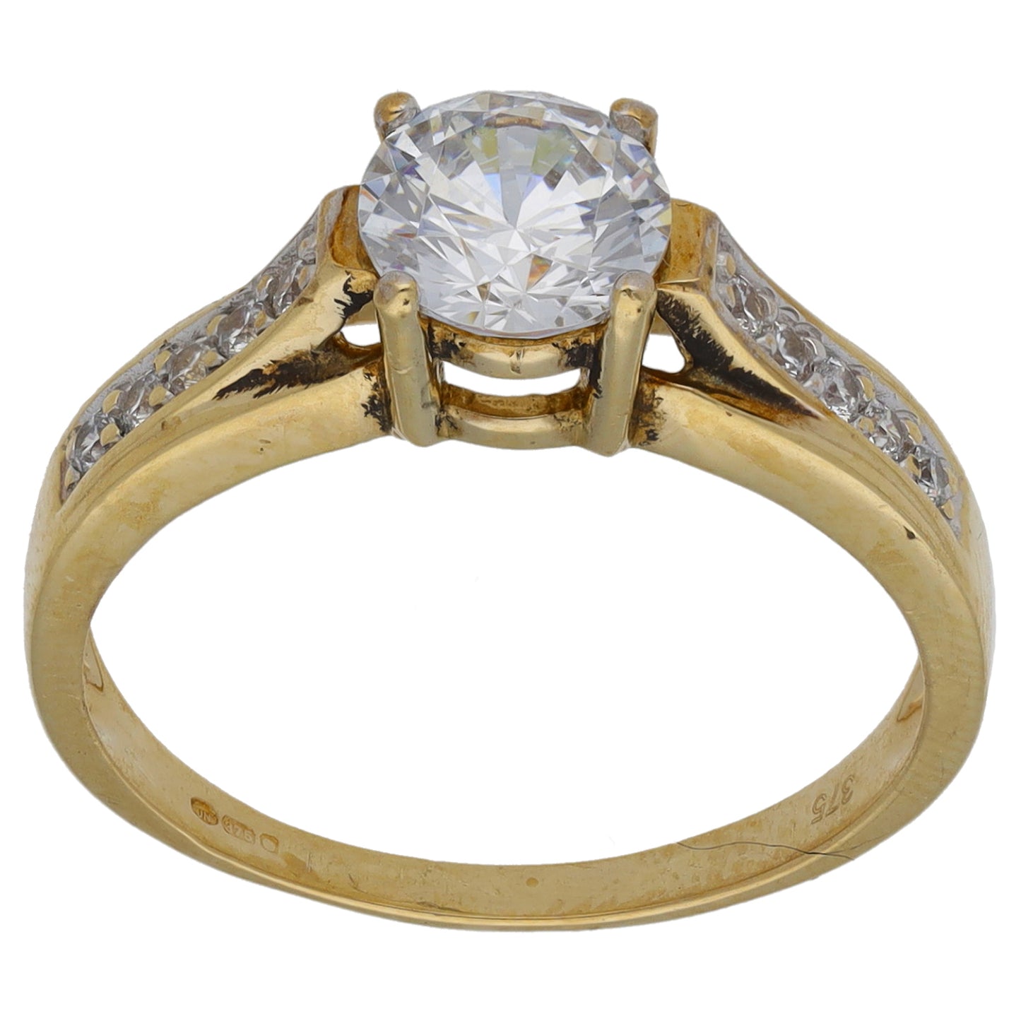 9ct Gold Cubic Zirconia Single Stone Ring with Accent Stones Size P