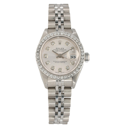 Custom Rolex Lady Datejust 79240, with diamond bezel on stainless steel case and bracelet
