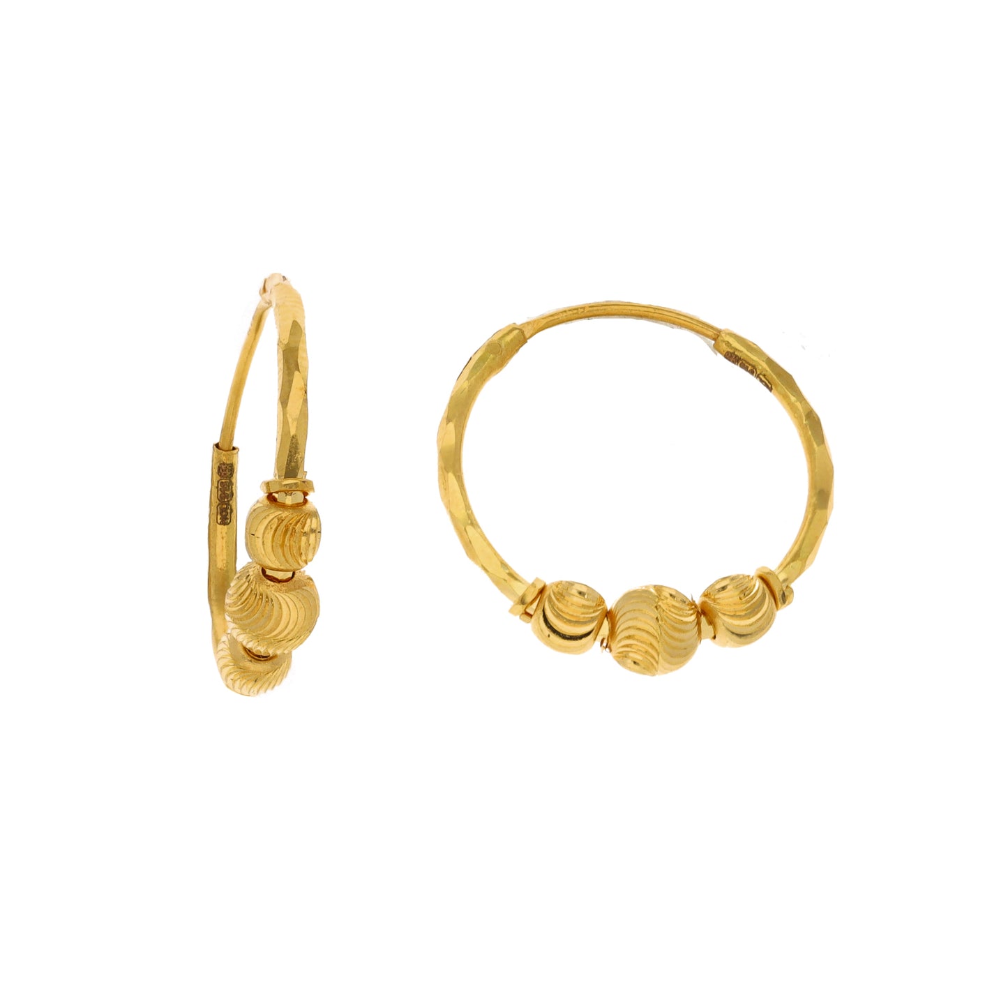 New 22ct Gold 3 Bead Hoop Earrings