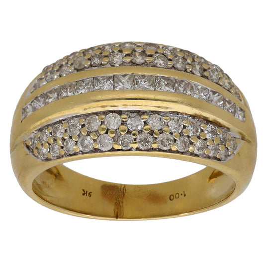 Gold diamond-studded dress ring with two pave diamond bands