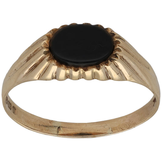 9ct Gold Onyx Single Stone Patterned Signet Ring Size S