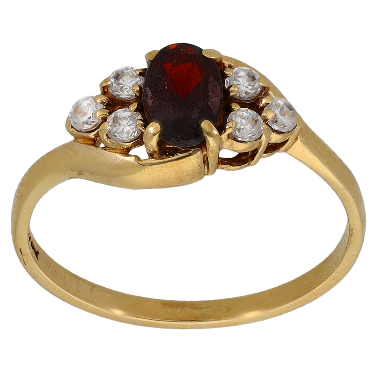 Gold dress ring with oval red garnet center and clear CZ halo, openwork band