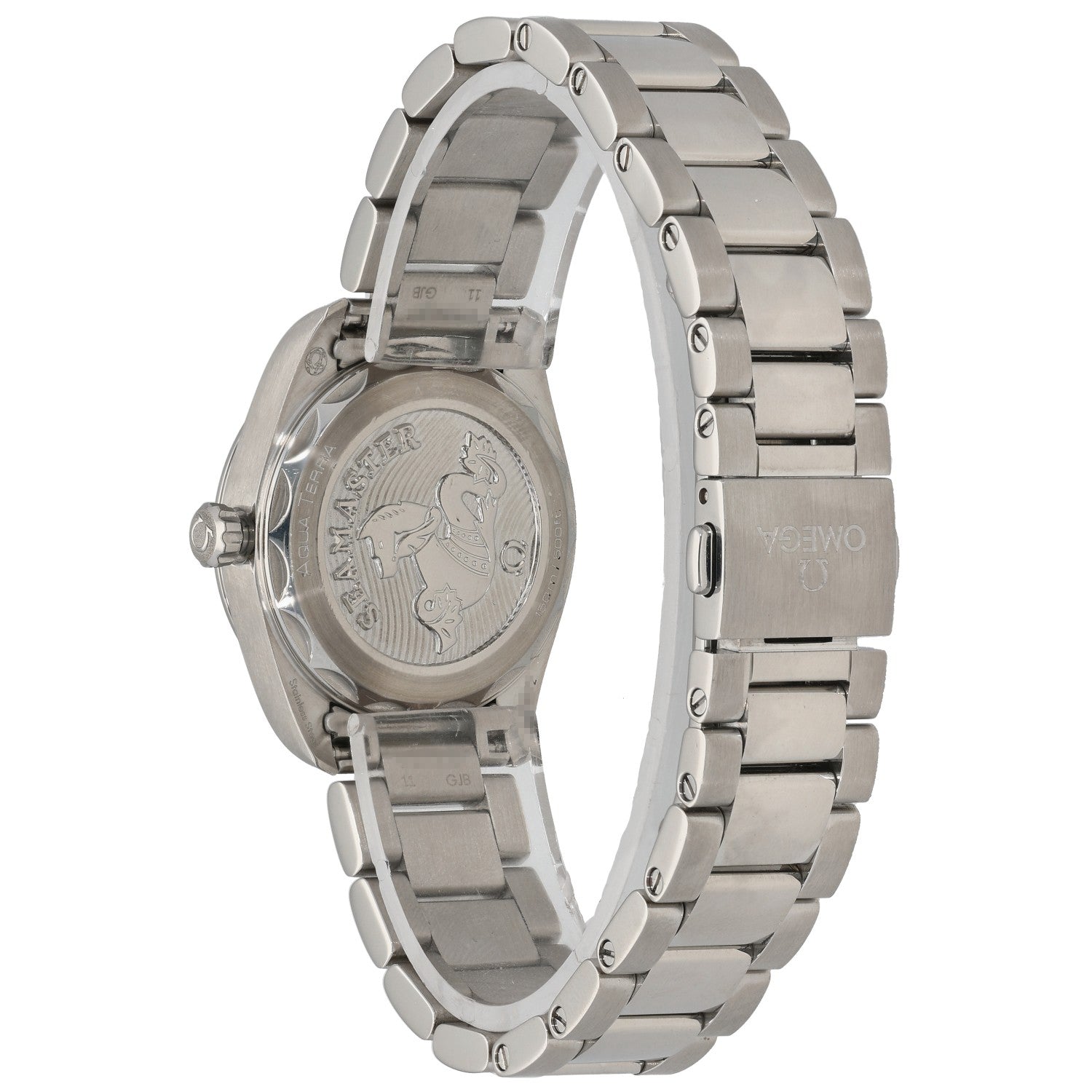 Stainless steel Omega Seamaster 220.10.28.60.54.001 watch caseback with engraved back and link bracelet