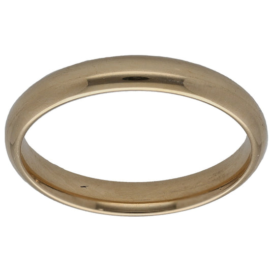 9ct gold plain wedding ring with polished rounded band and inner hallmark