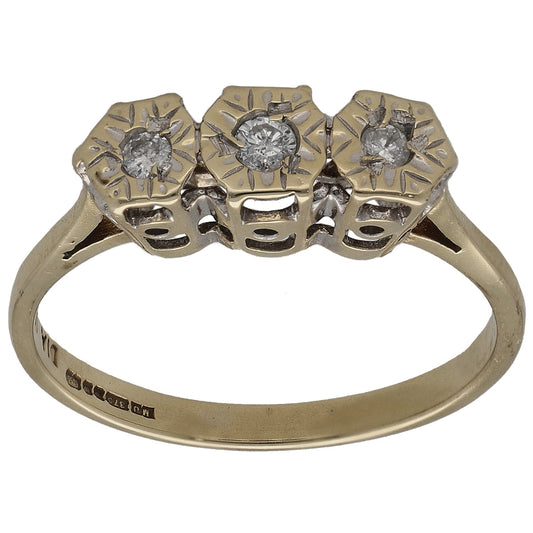 9ct gold three-stone diamond ring with three round stones and openwork shoulders