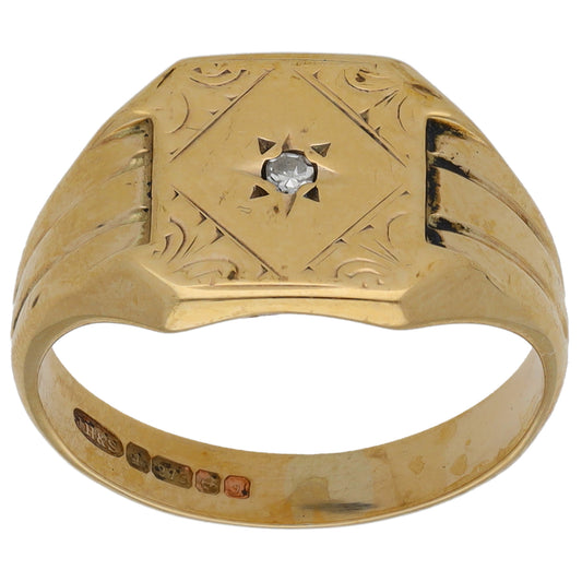 9ct Gold 0.02ct Diamond Patterned Signet Ring Size L