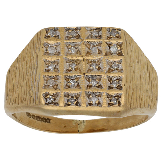 9ct Gold 0.10ct Diamond Patterned Signet Ring Size Q