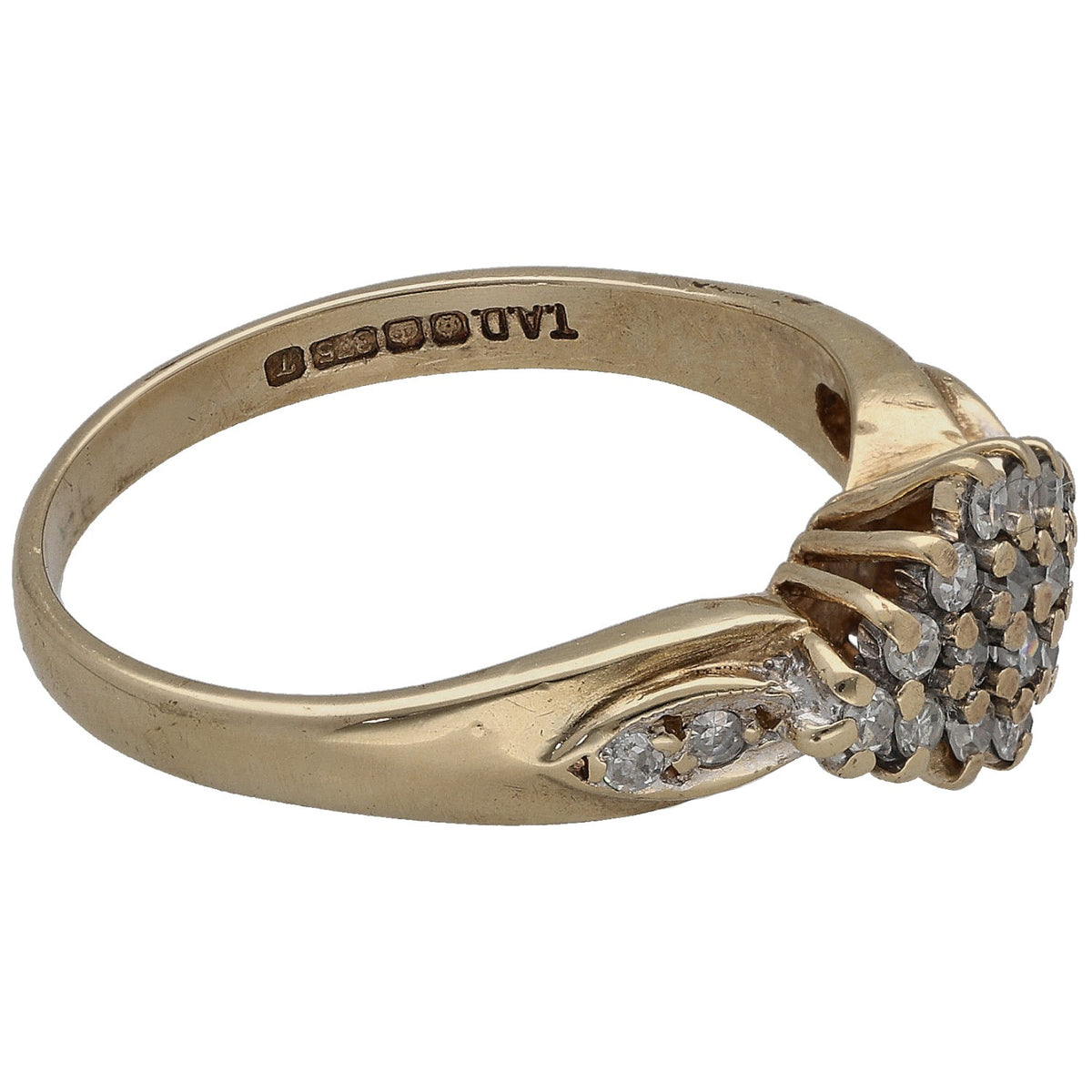 9ct gold diamond cluster ring, side profile with small round stones on setting