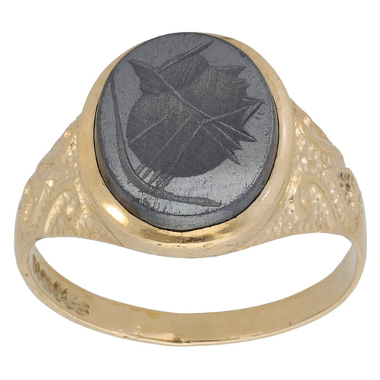 9ct Gold Hematite Emblem Ring Size P