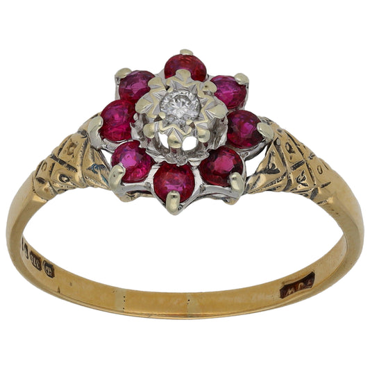 9ct Gold Glass Filled Ruby & 0.03ct Diamond Dress/Cocktail Ring Size Q