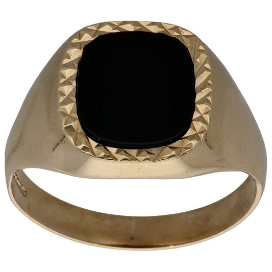 9ct Gold Onyx Patterned Single Stone Signet Ring Size W