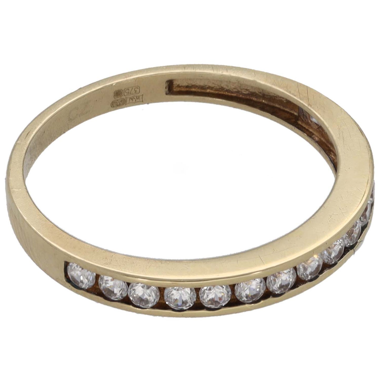 9ct gold CZ half-eternity ring with clear round stones on bottom half, side view