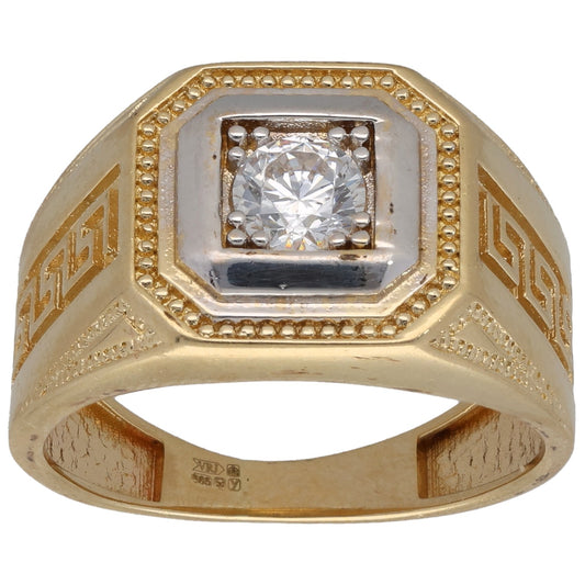 Gold-tone CZ alternative ring with square bezel, raised border, and faceted center stone