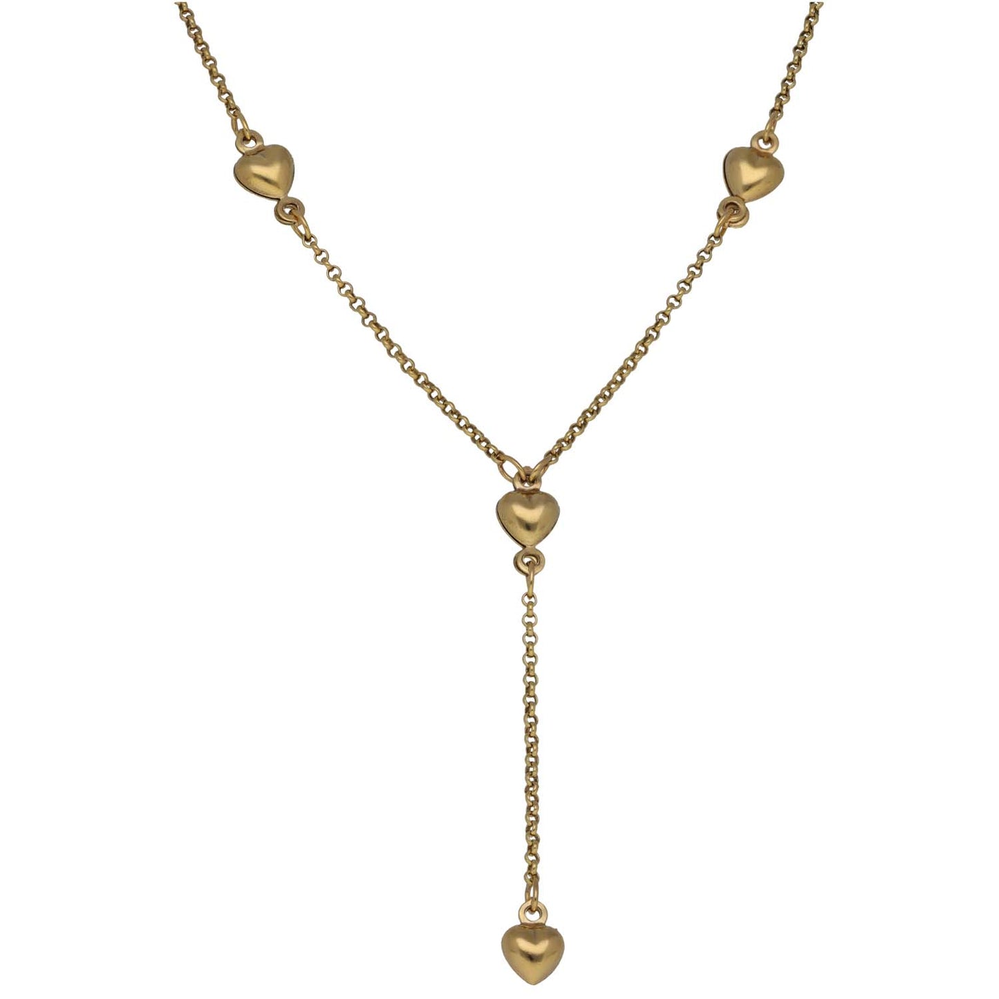 9ct gold fancy necklace with heart drop pendant and linked heart charms