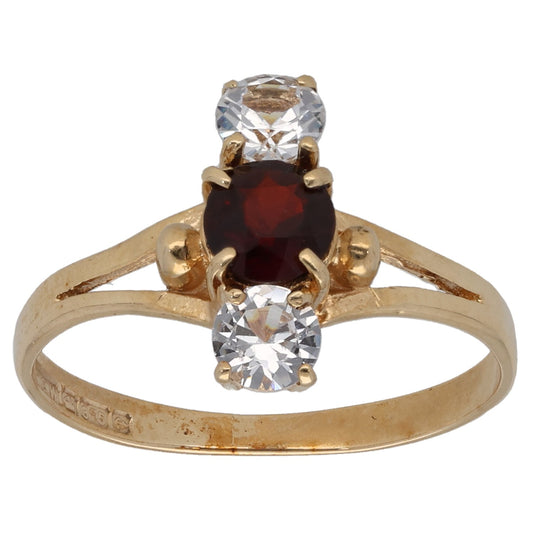 9ct Gold Garnet & Cubic Zirconia Trilogy Ring Size O
