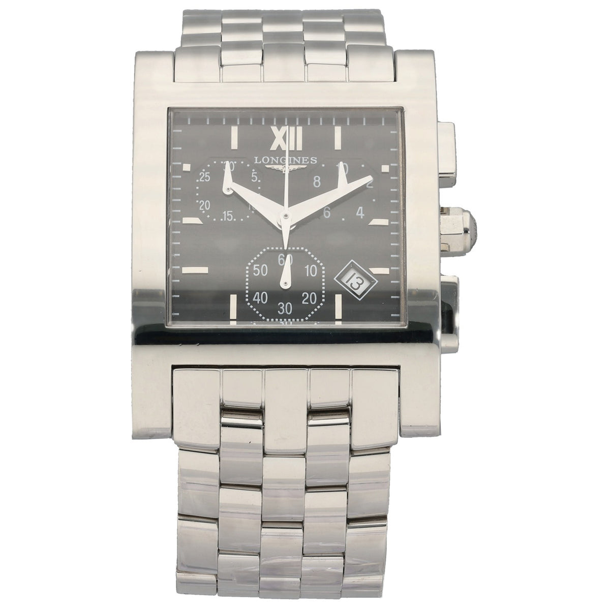 Longines DolceVita l5.668.4 Stainless steel square watch with black dial, Roman numerals, three subdials
