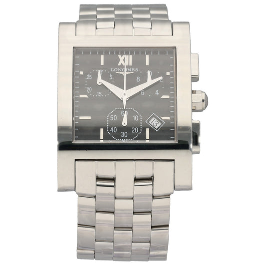 Longines DolceVita l5.668.4 Stainless steel square watch with black dial, Roman numerals, three subdials