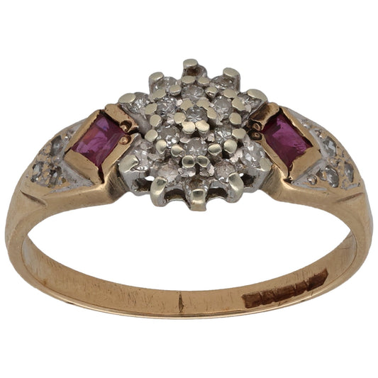9ct Gold Ruby & 0.11ct Diamond Cluster Ring Size N