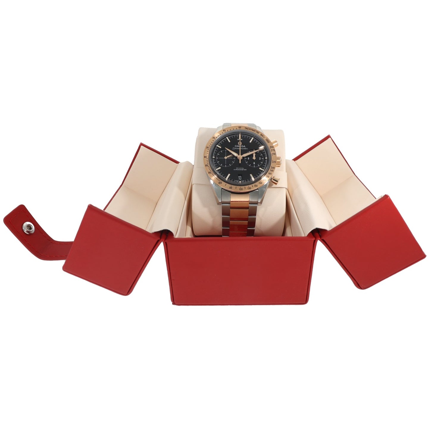 Omega Speedmaster 331.20.42.51.01.002 Bi-colour chronograph watch displayed in open red and cream presentation box