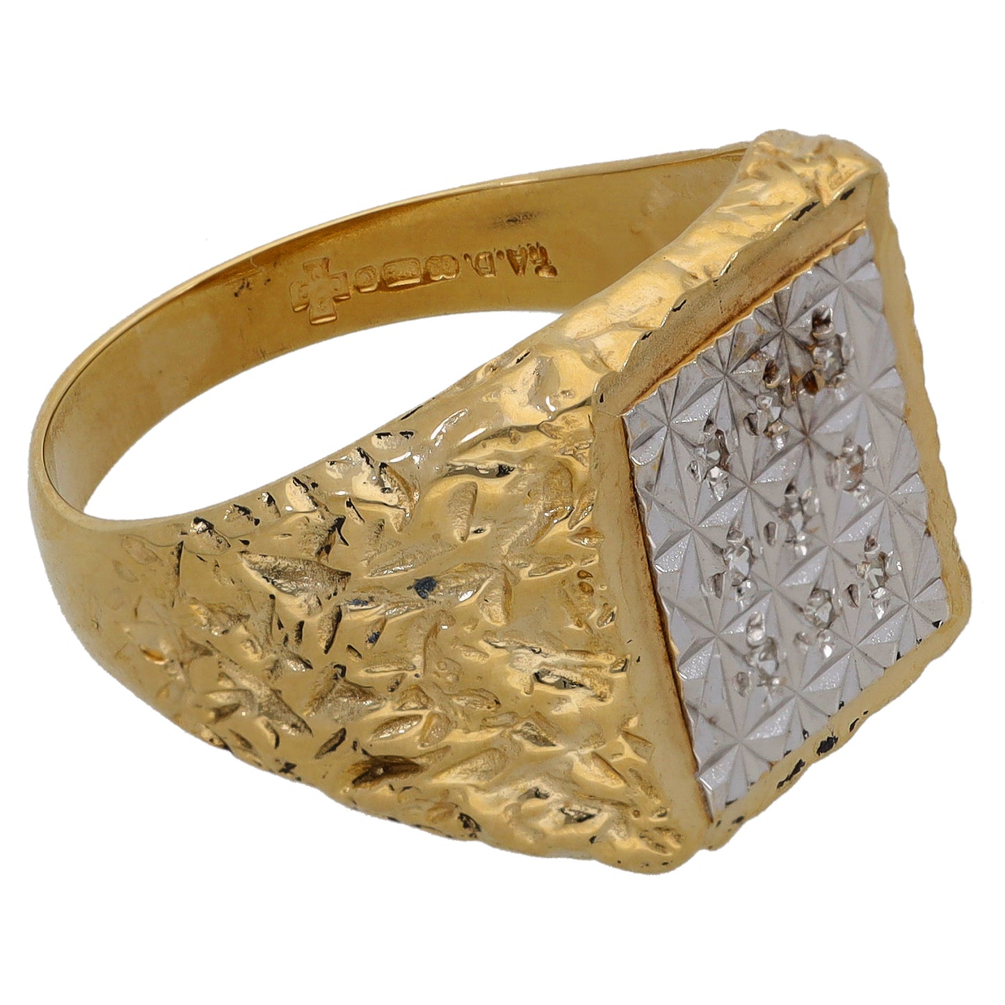 9ct Bicolour Gold 0.045ct Diamond Patterned Signet Ring Size R