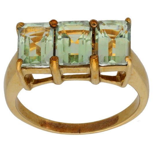 9ct Gold Green Quartz Trilogy Ring Size O