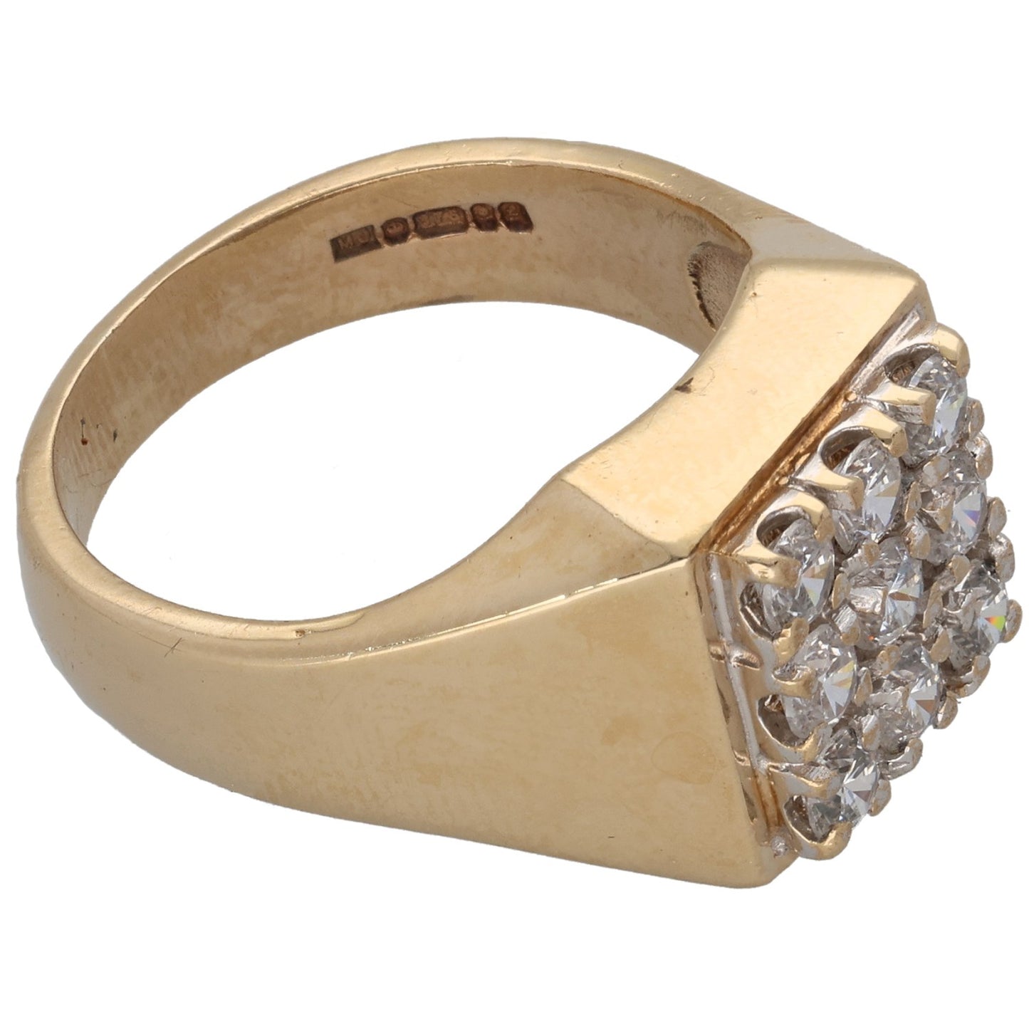 Gold signet ring side view with round CZ cluster bezel