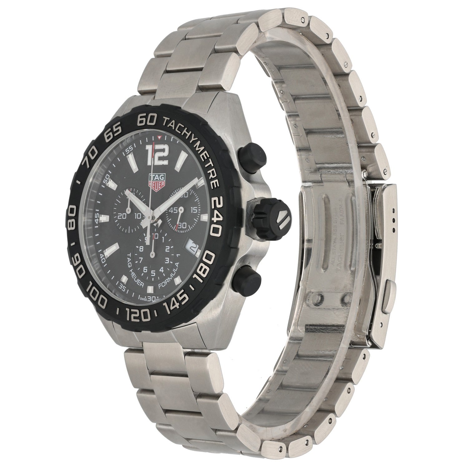 Tag Heuer Formula 1 CAZ1010, black dial, subdials and bezel in a stainless steel case and bracelet. Front angled image showing inside of the bracelet