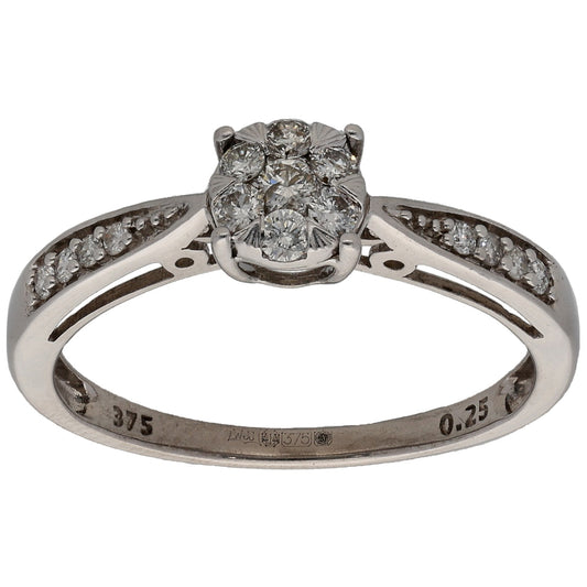 9ct White Gold 0.25ct Diamond Cluster Ring Size O