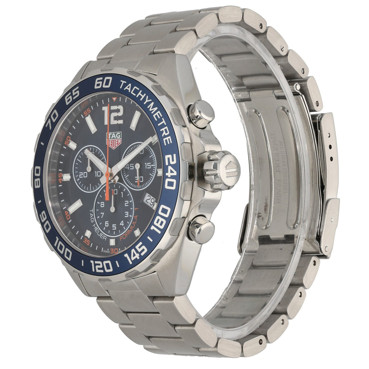 Tag Heuer Formula 1 CAZ1014, blue dial with sub dials, wiuth a 43mm stainless steel case and link bracelet , front angle