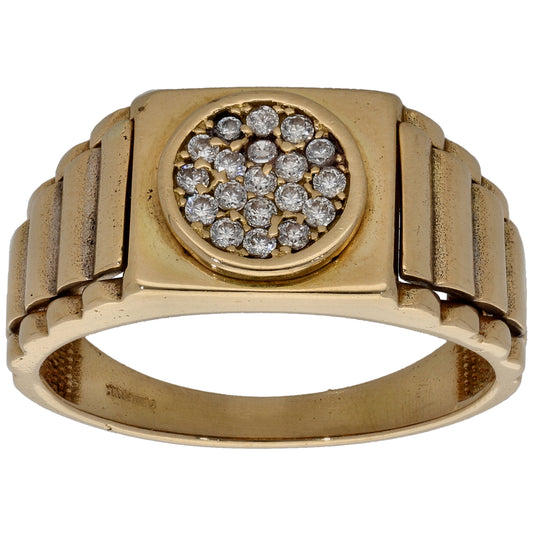 18ct Gold Cubic Zirconia Patterned Signet Ring Size T