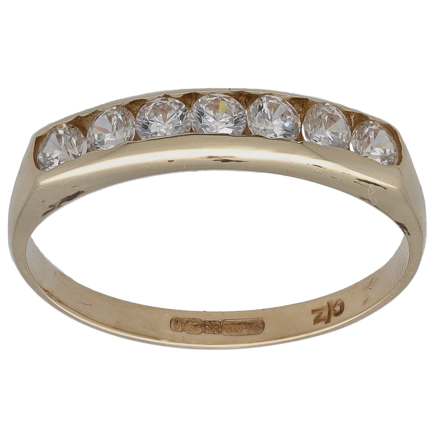 9ct gold half eternity CZ ring, size O, sparkling stones across the top half