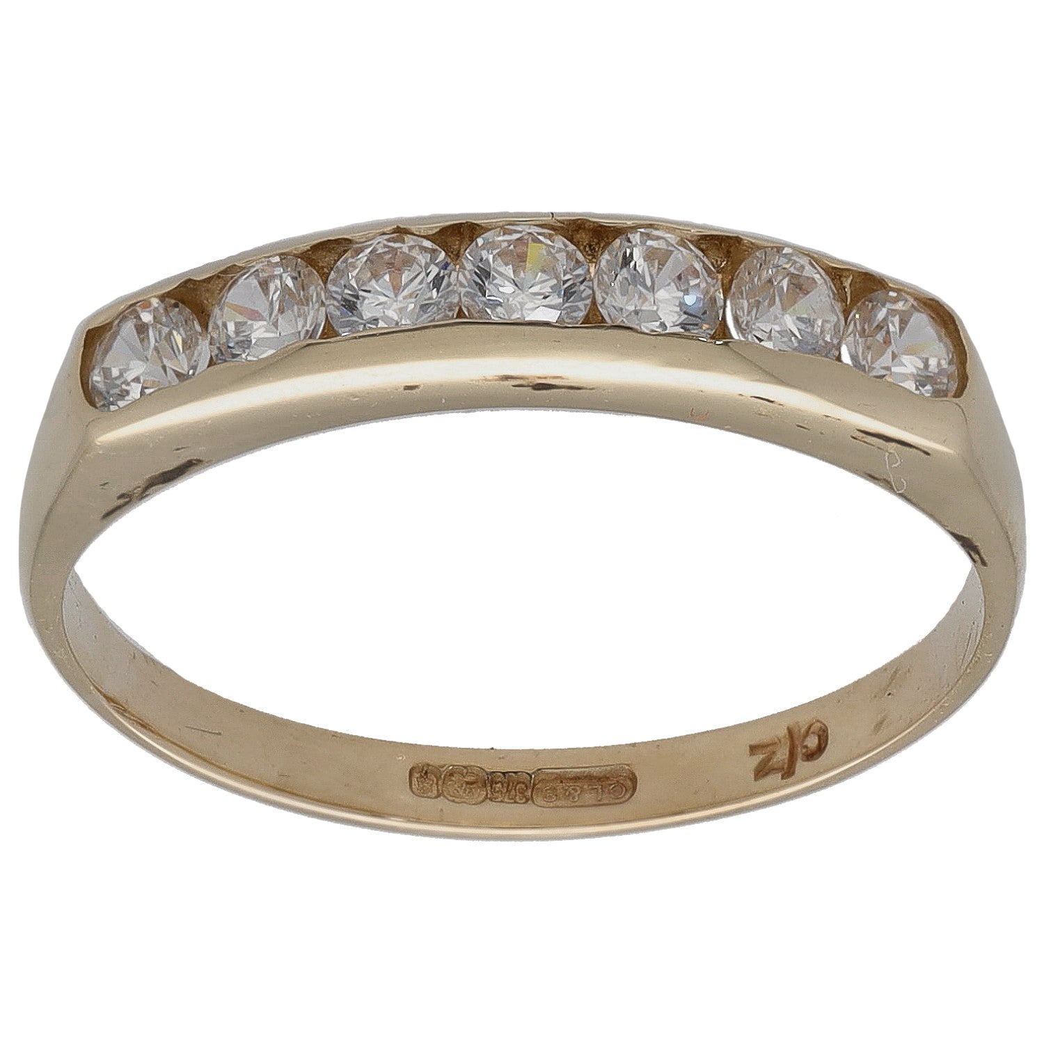9ct gold half eternity CZ ring, size O, sparkling stones across the top half