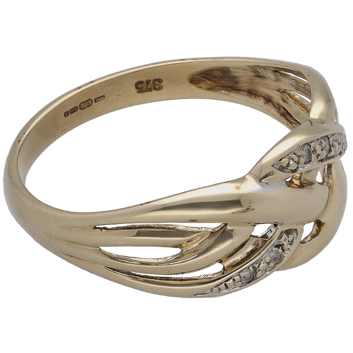 9ct gold ring interior stamped and wave design with small round stones