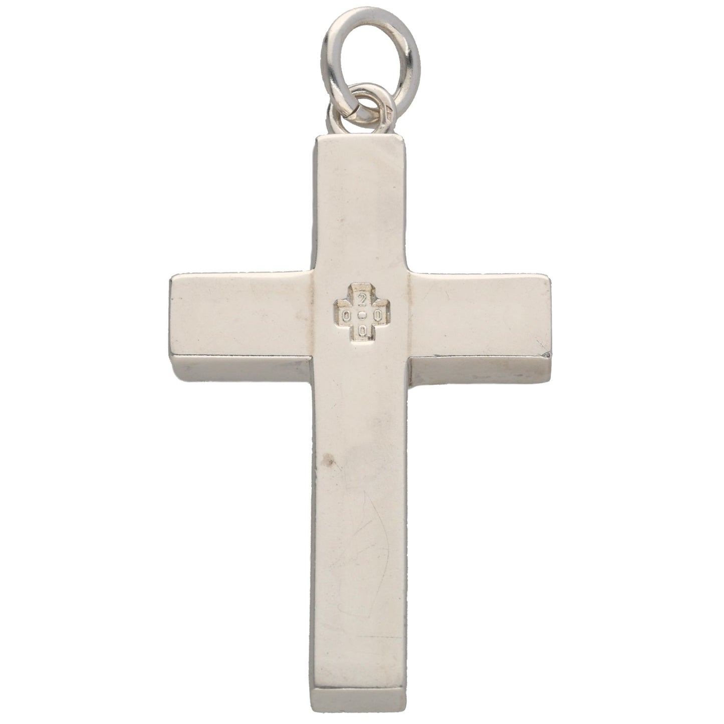 Sterling silver cross pendant with small relief cross in center, loop bail at top.