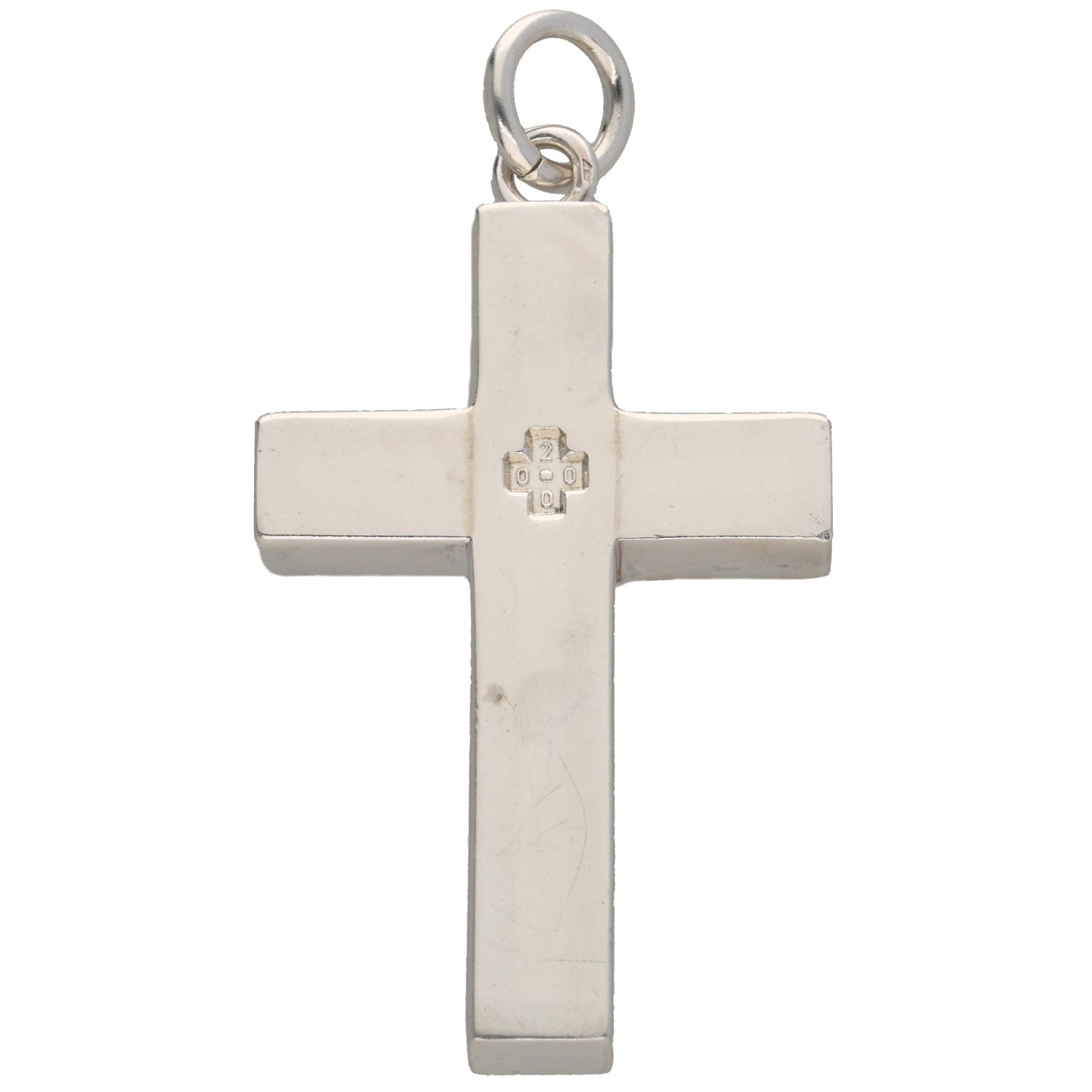 Sterling silver cross pendant with small relief cross in center, loop bail at top.