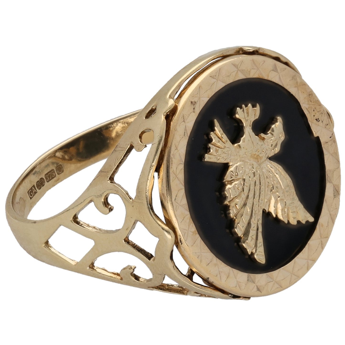 9ct Gold Onyx Patterned Signet Ring Size Y