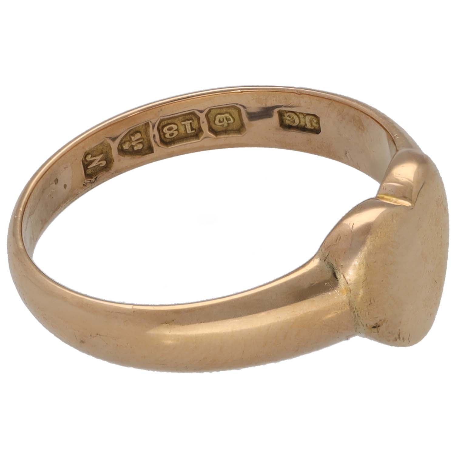 18ct gold signet ring side view, hallmarks and 'M' stamped inside band