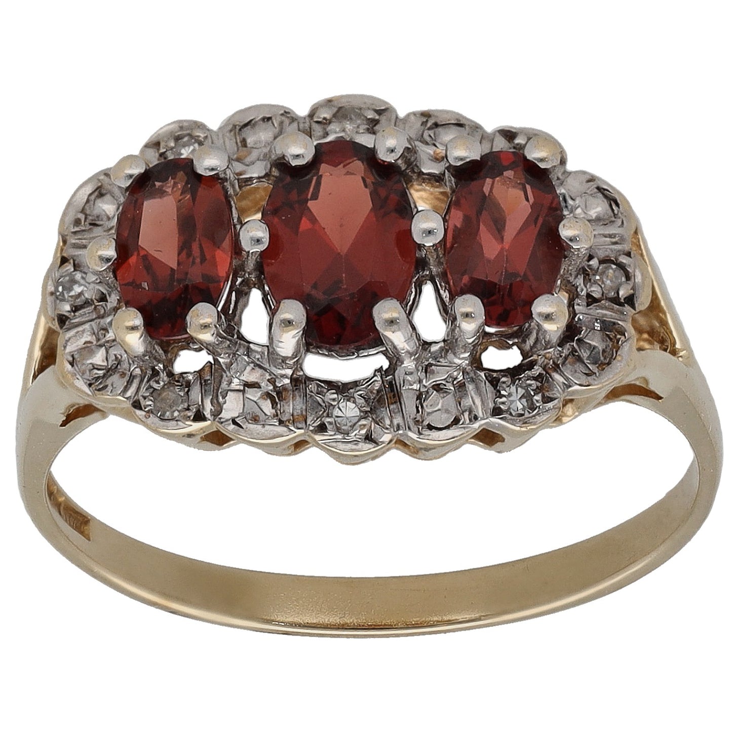 Gold ring with three red garnet marquise stones and diamond surrounds