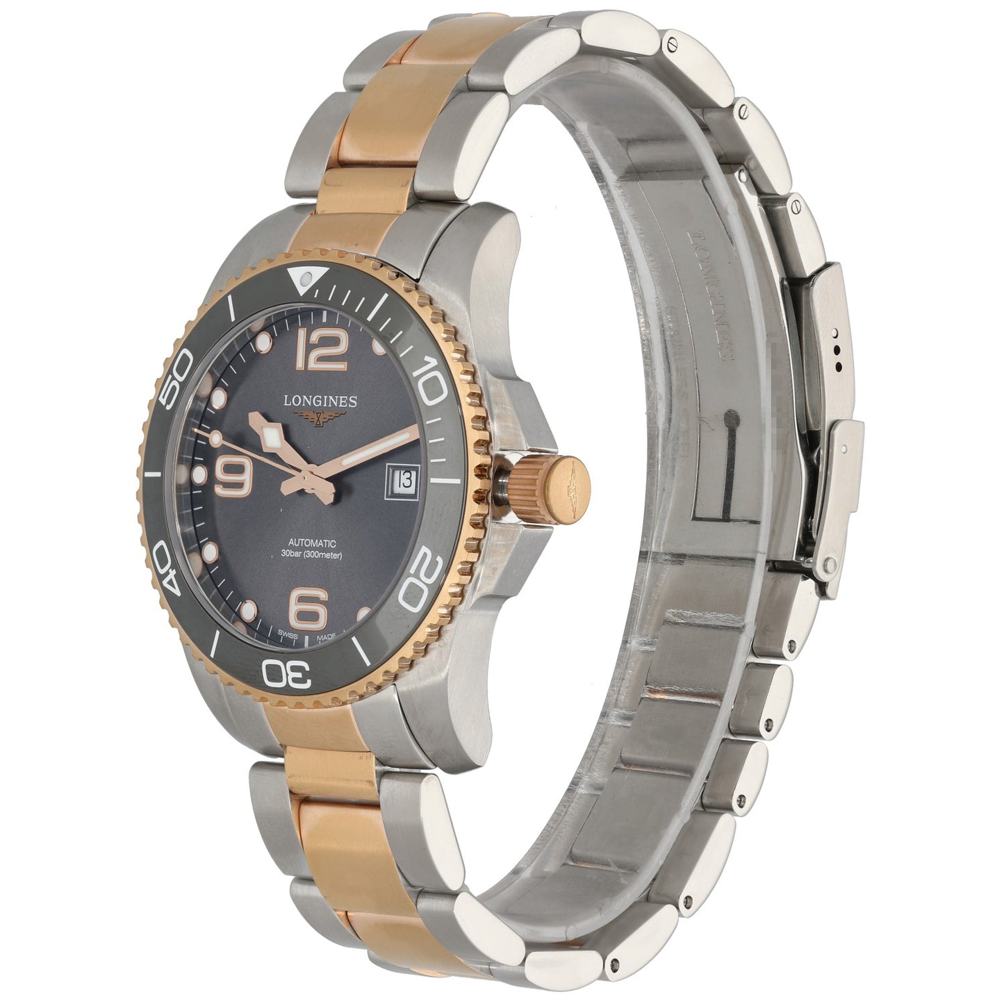 Longines Hydro Conquest L3.781.3 diver watch in stainless steel with black dial and two-tone bracelet.