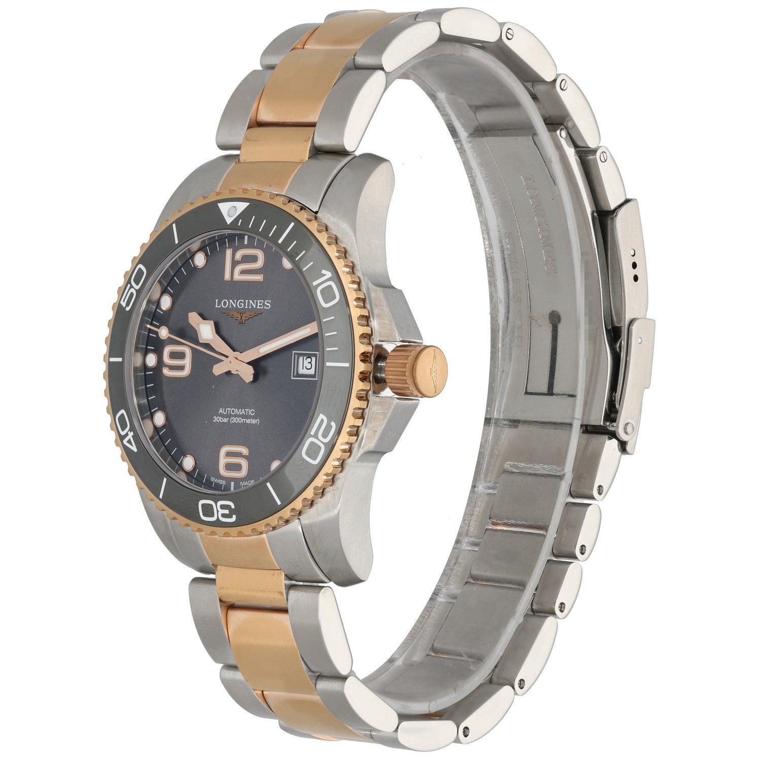 Longines Hydro Conquest L3.781.3 diver watch in stainless steel with black dial and two-tone bracelet.